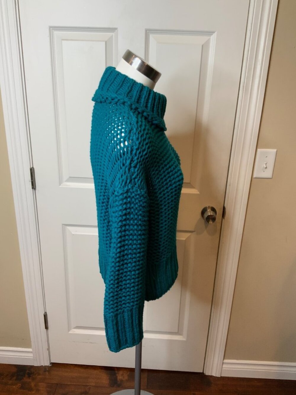 Free People My Only Sunshine Teal Blue Chunky Knit Mock Neck Sweater, Size XS - Picture 3 of 7